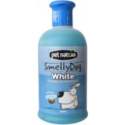 Alb imaculat cu Șampon și balsam pentru căței cu blană albă Pet Natura Smelly Dog White, 500ml