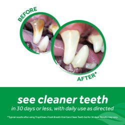 Infografic rezultate clinice înainte și după 30 de zile kit complet TropiClean Oral Care pentru câini
