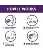 Infografic explicativ mecanism bio-enzimatic de eliminare acid uric Urine Off câini