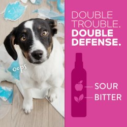 Infografic formulă cu acțiune dublă acră și amară spray împotriva rosului TropiClean Chew Stop Puppy