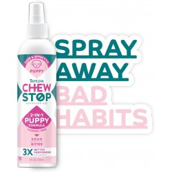 Infografic comparativ eficiență și rată de succes spray împotriva rosului TropiClean Chew Stop Puppy