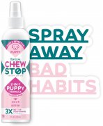Infografic comparativ eficiență și rată de succes spray împotriva rosului TropiClean Chew Stop Puppy
