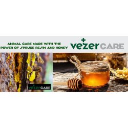 Banner prezentare ingrediente naturale miere si rasina in produsele de ingrijirea pielii animalelor Vezer Care Unguent 50ml