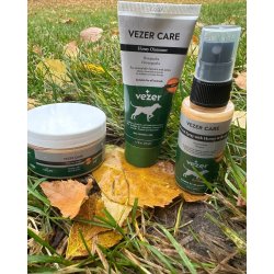 Set produse Vezer Care cu unguent spray si crema pentru ingrijirea pielii animalelor pe frunze uscate