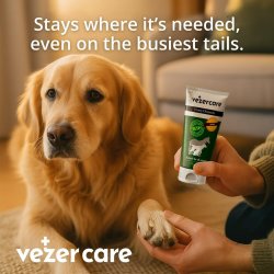 Imagine promotionala cu un caine Golden Retriever si aplicarea unguentului cu miere Vezer Care pe labuta