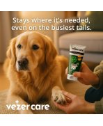 Imagine promotionala cu un caine Golden Retriever si aplicarea unguentului cu miere Vezer Care pe labuta